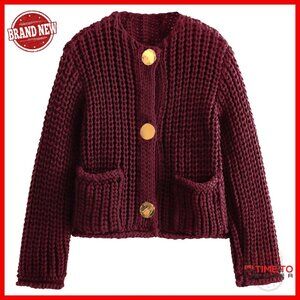 Chunky Knit Cropped Cardigan Sweater Button Down Open Front